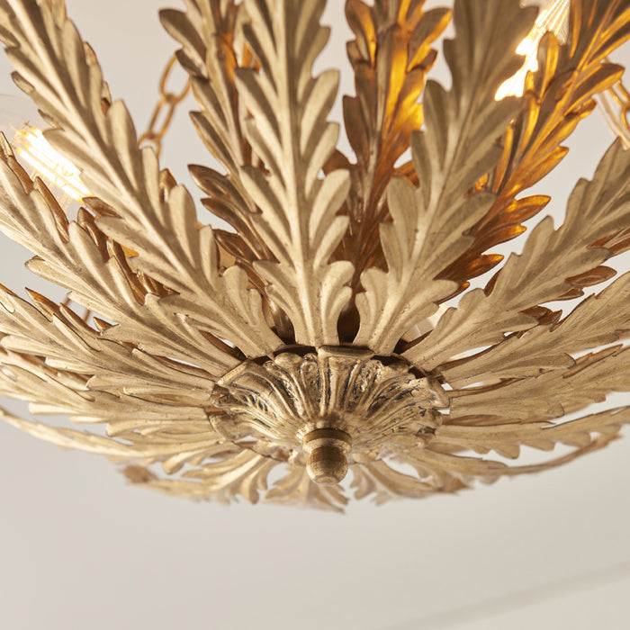 Ornate Gold Flush Ceiling Light - Decorative Leaf Design Dimmable 3 Bulb Pendant