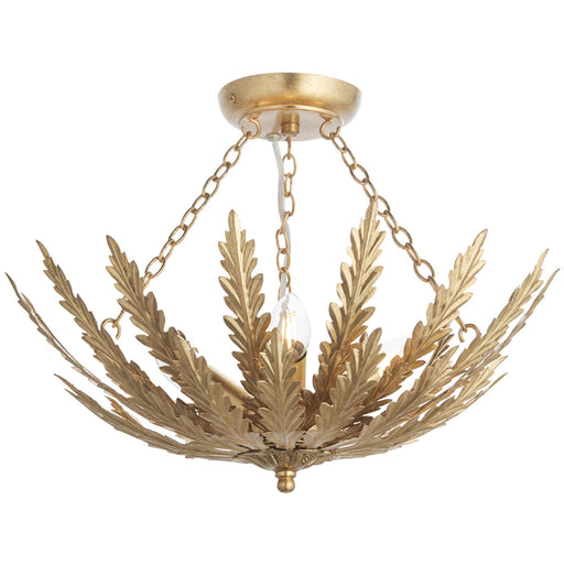 Ornate Gold Flush Ceiling Light - Decorative Leaf Design Dimmable 3 Bulb Pendant