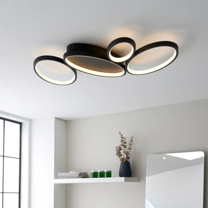 Textured Black Semi Flush Ceiling Light & White Diffuser - 3000k Warm White LED