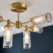 Brass Semi Flush 6 Bulb Ceiling Light - Ribbed Glass Shades & Frosted Diffusers