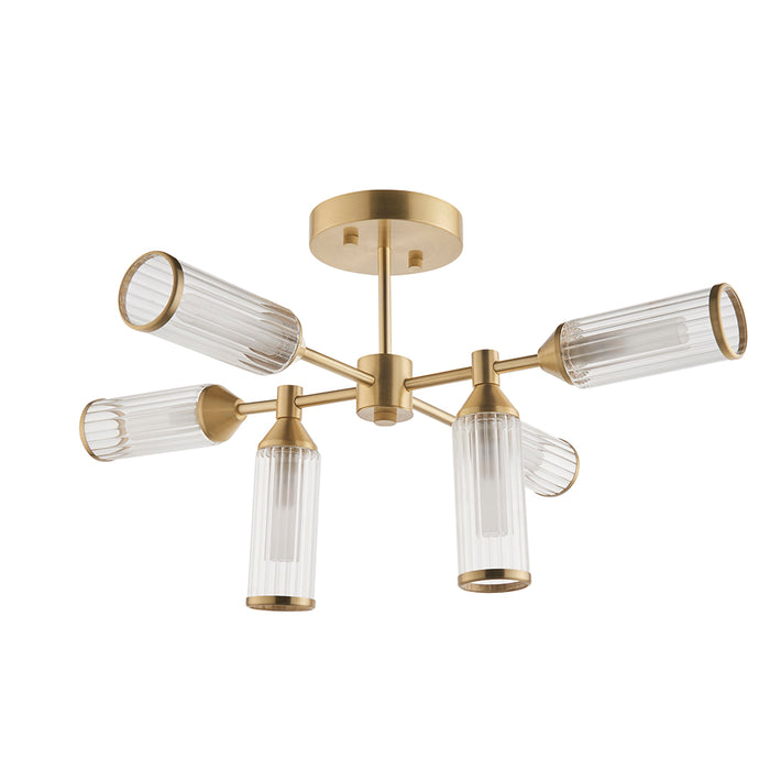 Brass Semi Flush 6 Bulb Ceiling Light - Ribbed Glass Shades & Frosted Diffusers