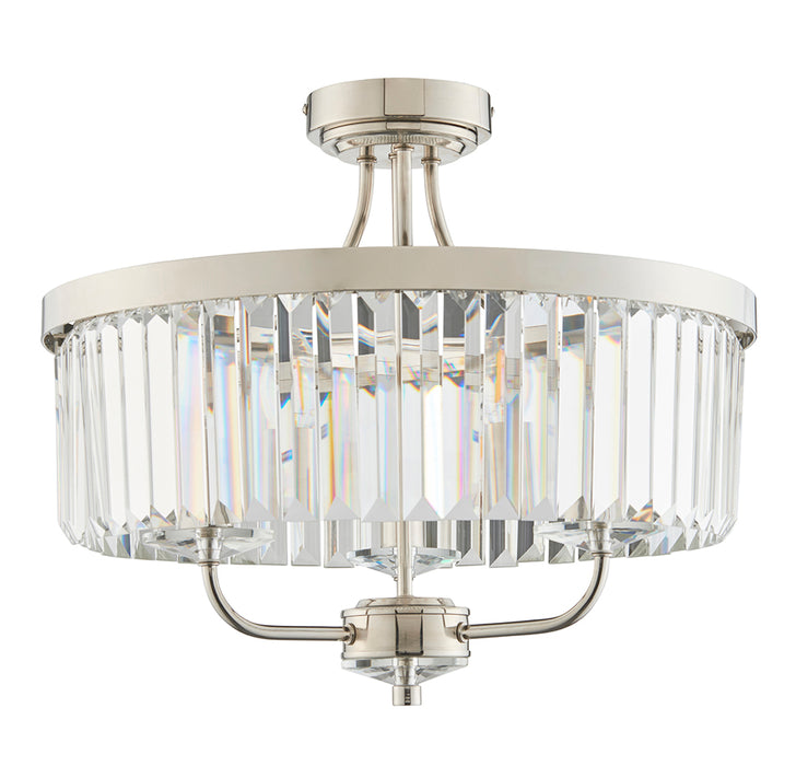 Bright Nickel Semi Flush Ceiling Light with Clear Cut Glass 3 Bulb Low Hanging