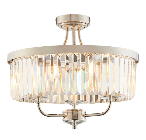 Bright Nickel Semi Flush Ceiling Light with Clear Cut Glass 3 Bulb Low Hanging