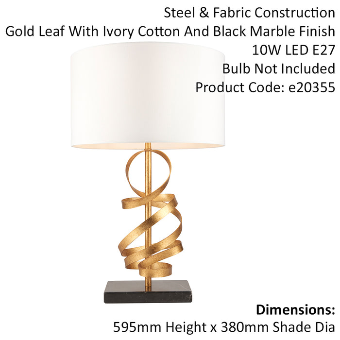 Hammered Gold Leaf Ribbon Table Lamp Light & Ivory Shade - Black Marble Base