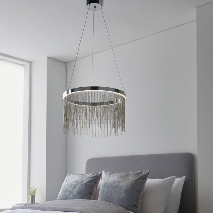 Circular Ceiling Pendant Light Fitting - Chrome Plate & Silver Waterfall Chains
