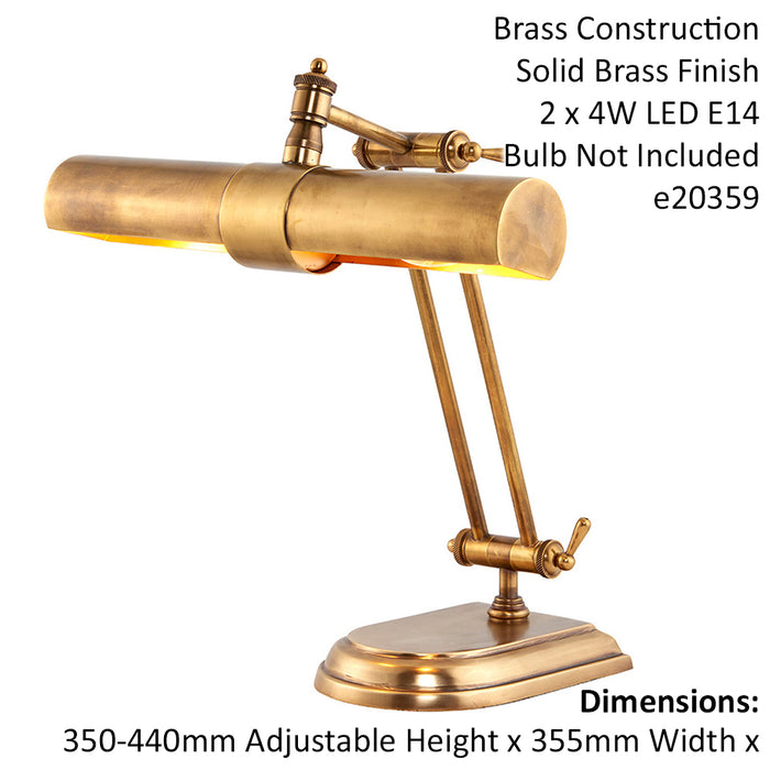 Solid Brass Adjustable Antique Table Lamp Task Light - Twin LED Bulb - Vintage