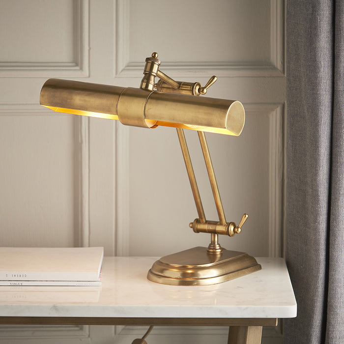 Solid Brass Adjustable Antique Table Lamp Task Light - Twin LED Bulb - Vintage