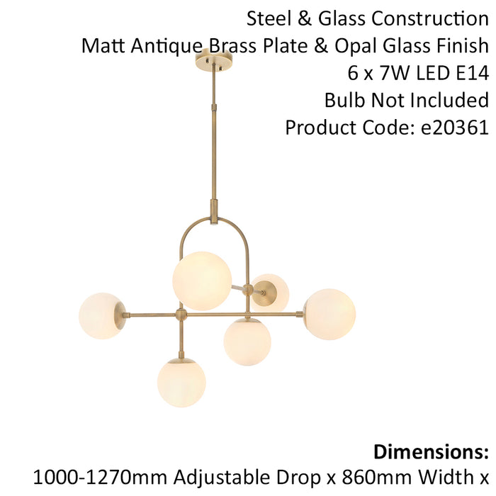 Antique Brass Multi Arm Ceiling Light & Opal Glass Shade 6 Bulb Hanging Pendant