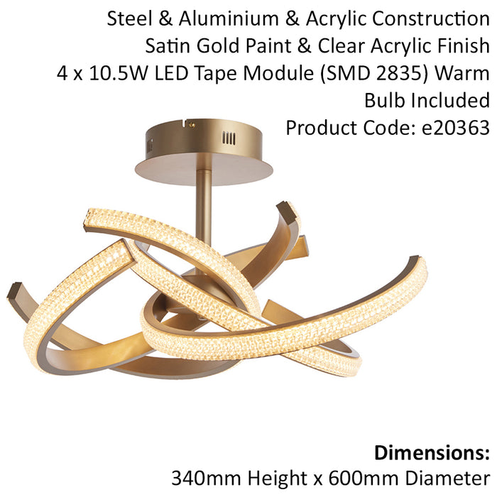 Semi Flush Multi Arm Ceiling Light Fitting - Satin Gold & Clear Acrylic Detail