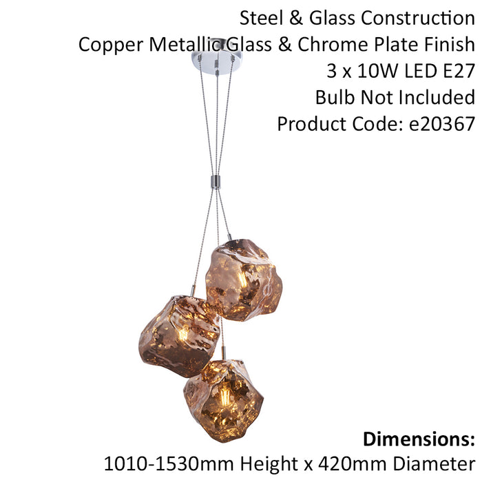 Metallic Copper 3 Light Ceiling Pendant Modern Rock Design Hanging Light Fitting