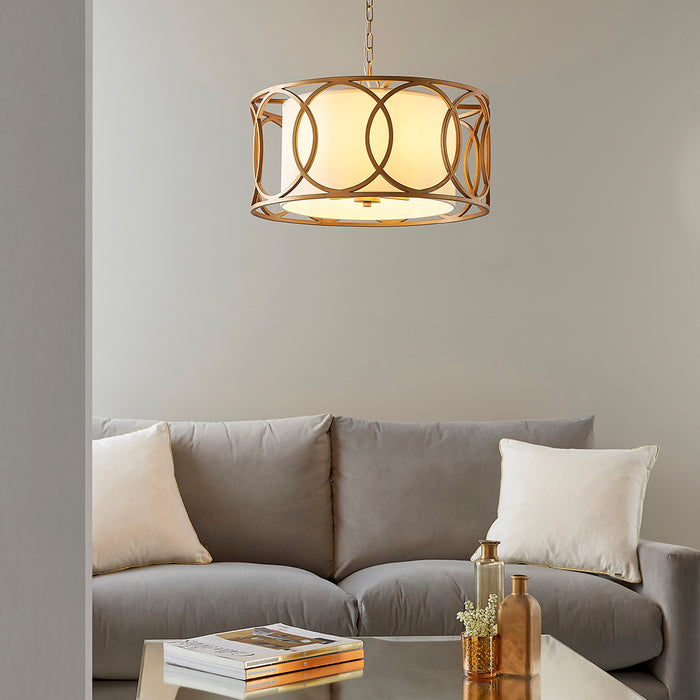 Brushed Gold Multi Arm Ceiling Pendant Light - White Fabric Shade - Dimmable