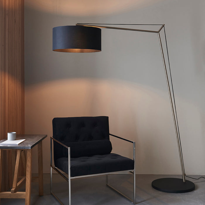 Matt Nickel Large Standing Floor Lamp Light - Black Cotton Shade & Painted Base