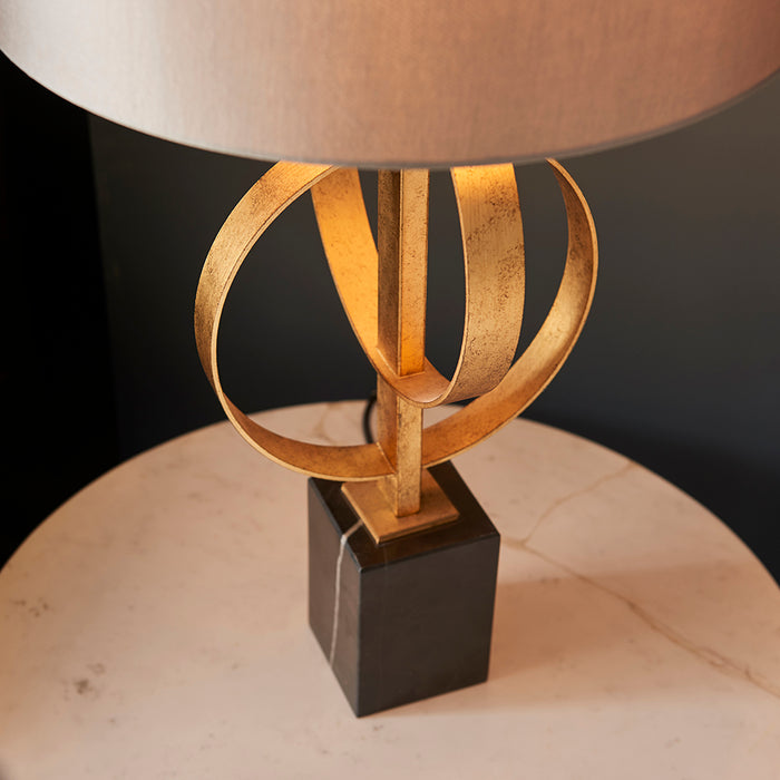 Antique Gold Table Lamp & Mink Satin Shade - Black Marble Base Desk Light