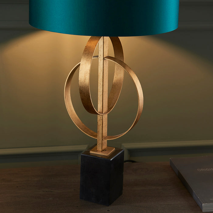Antique Gold Table Lamp & Teal Satin Shade - Black Marble Base Desk Light