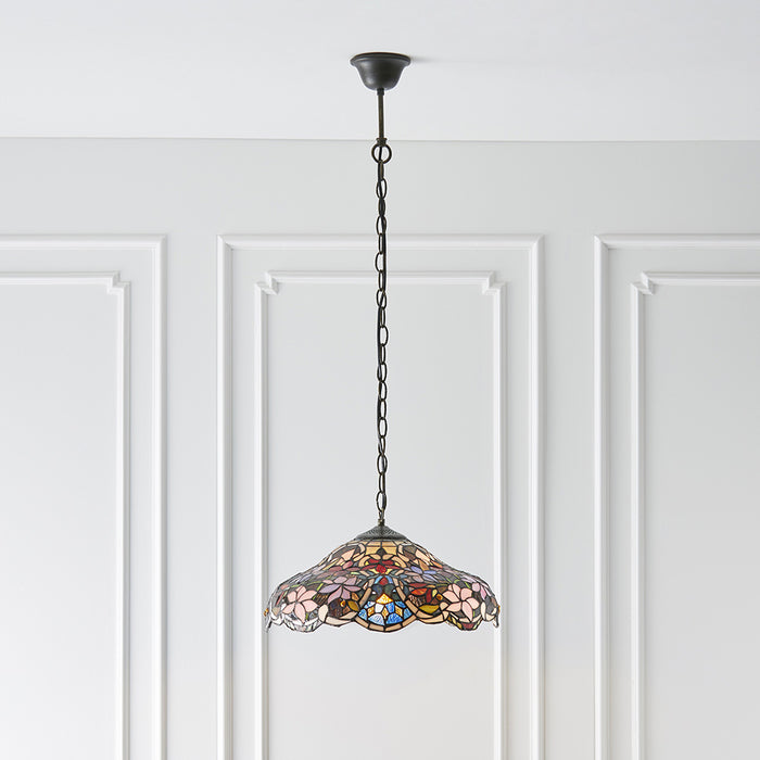 Floral Tiffany Glass Design Ceiling Pendant Light - Dark Bronze Effect Fitting