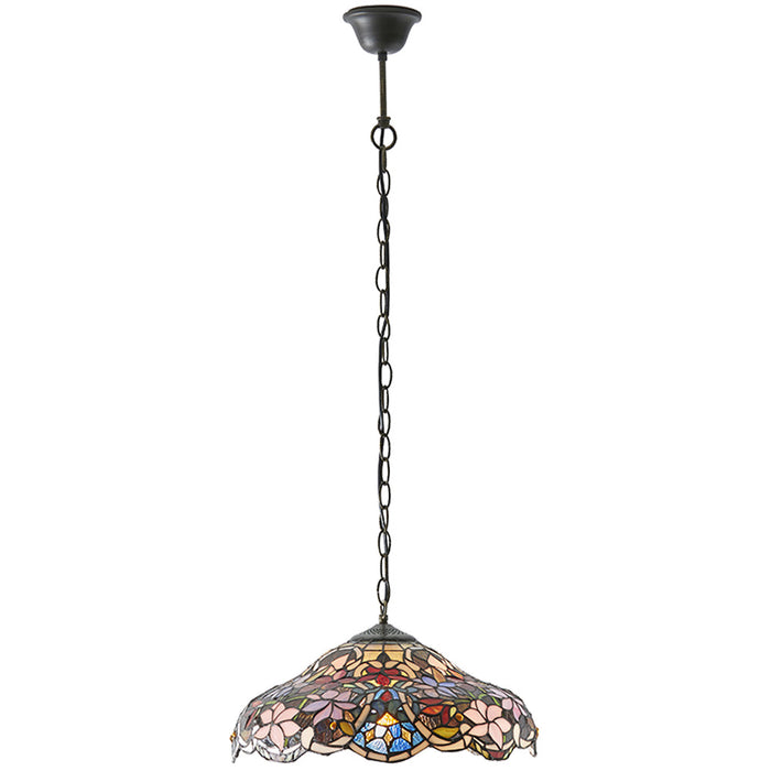 Floral Tiffany Glass Design Ceiling Pendant Light - Dark Bronze Effect Fitting
