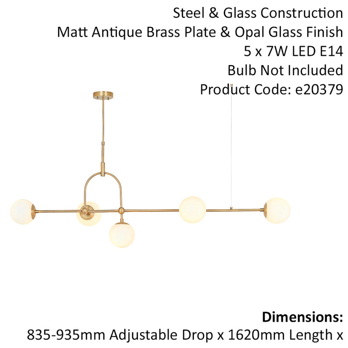Antique Brass Linear Ceiling Pendant Light - Opal Glass Shade - Adjustable Stem