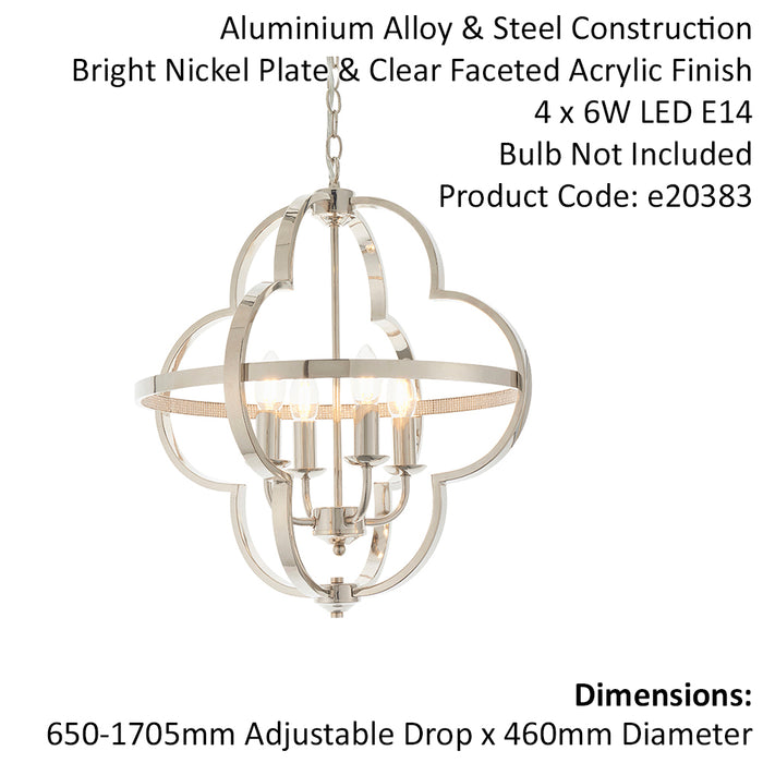 Bright Nickel Shaped Frame Ceiling Pendant Light - 4 Bulb Hanging Fitting