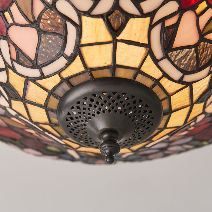 Floral Tiffany Glass Design Semu Flush Ceiling Light Dark Bronze Effect Fitting