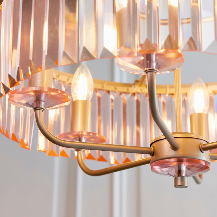 Multi Arm Ceiling Pendant Light Fitting - Champagne & Rose Pink Glass Chandelier