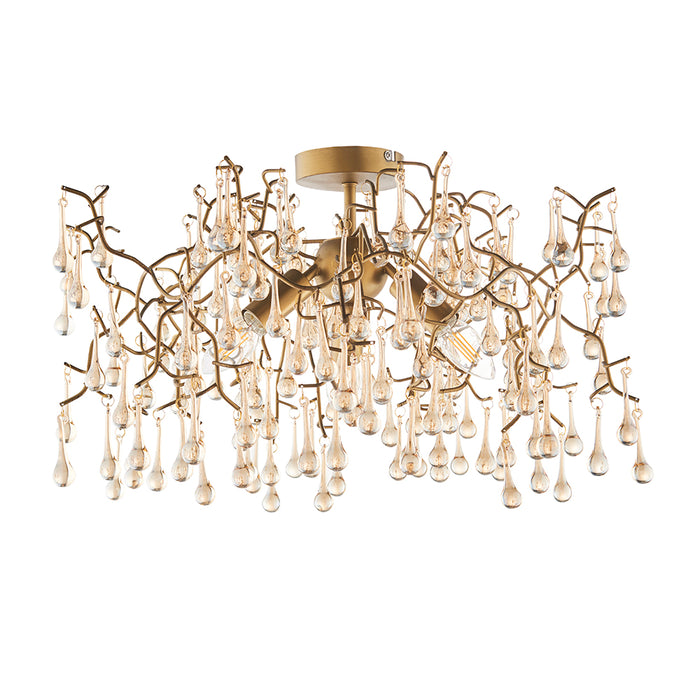 Aged Gold Semi Flush Ceiling Light with Glass Droplets 3 Bulb Low Hanging Light