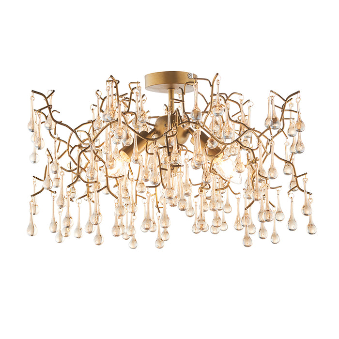 Aged Gold Semi Flush Ceiling Light with Glass Droplets 3 Bulb Low Hanging Light