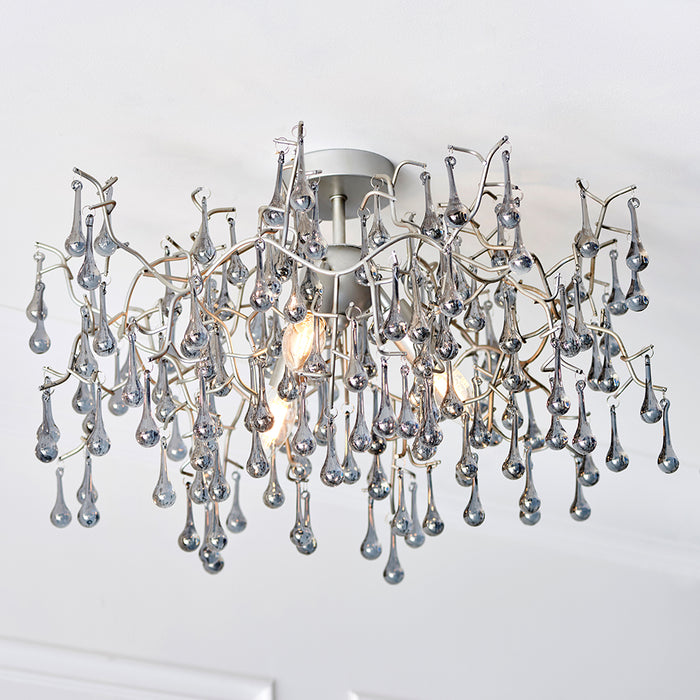 Aged Silver Semi Flush Decorative Branch Ceiling Light - Tinted Glass Droplets