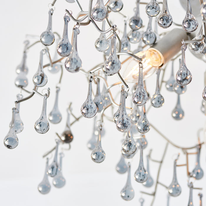 Aged Silver Semi Flush Decorative Branch Ceiling Light - Tinted Glass Droplets