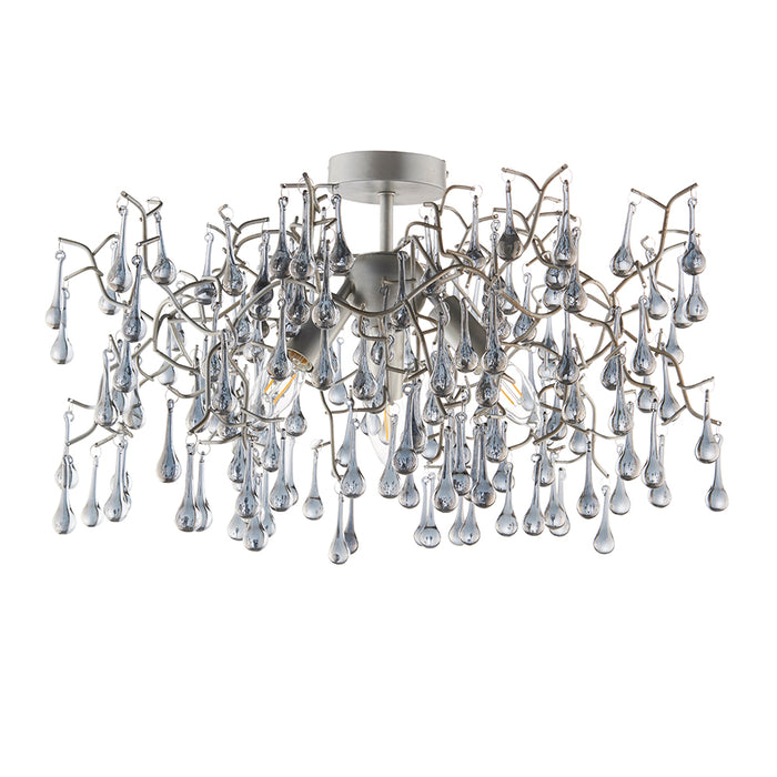 Aged Silver Semi Flush Decorative Branch Ceiling Light - Tinted Glass Droplets