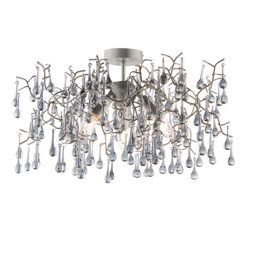 Aged Silver Semi Flush Decorative Branch Ceiling Light - Tinted Glass Droplets