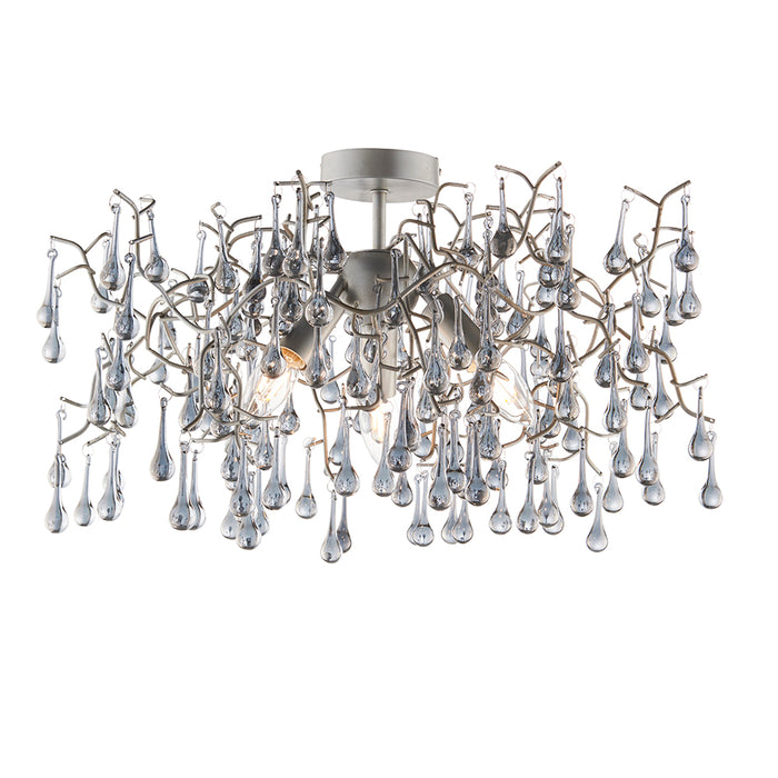 Aged Silver Semi Flush Decorative Branch Ceiling Light - Tinted Glass Droplets