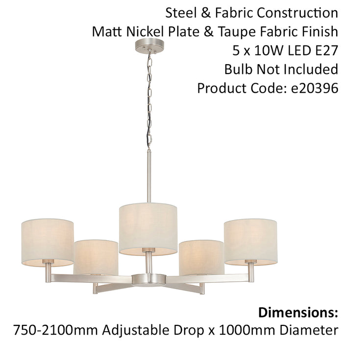 Matt Nickel Multi Arm Ceiling Pendant Light & Taupe Shades 5 Bulb Hanging