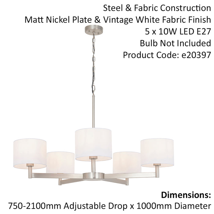 Matt Nickel Multi Arm Ceiling Pendant Light & White Shades 5 Bulb Hanging
