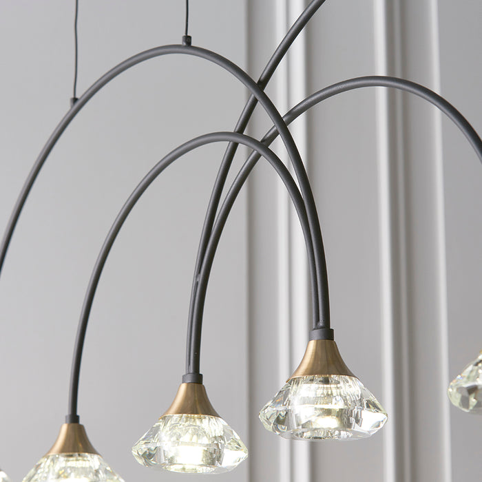 Matt Black Ceiling Pendant Bar Light - Brushed Brass Detailing - 6 Lamp Fitting