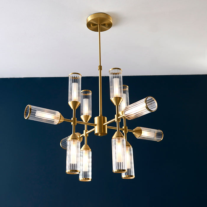 Brass Ceiling Pendant Light - 12 Bulb Lamp Fitting - Frosted Glass Diffusers