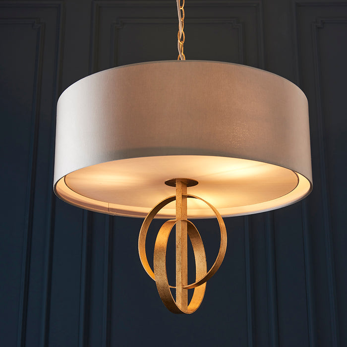 Antique Gold Ceiling Pendant Light & Mink Satin Shade - 3 Bulb Hanging Fitting