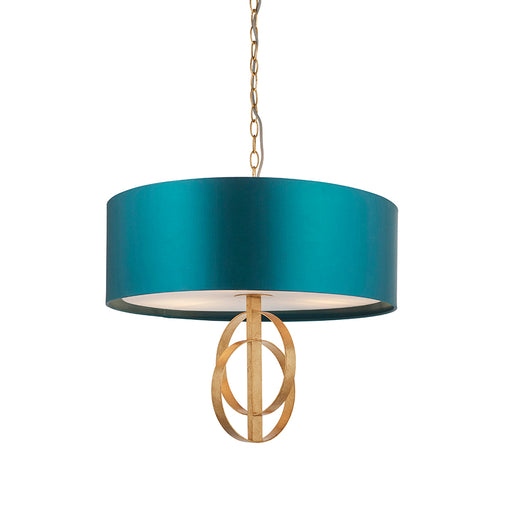 Antique Gold Ceiling Pendant Light & Teal Satin Shade - 3 Bulb Hanging Fitting