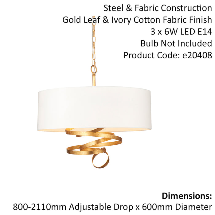 Gold Leaf Ribbon Ceiling Pendant Light & Ivory Shade 3 Bulb Hanging Lamp Fitting