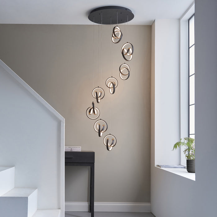 Textured Matt Black Modern 8 Light Ceiling Pendant - Integrated Warm White LEDs