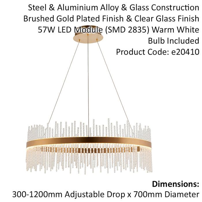Brushed Gold Ceiling Pendant Light - Decorative Glass Rods - Integrated LED