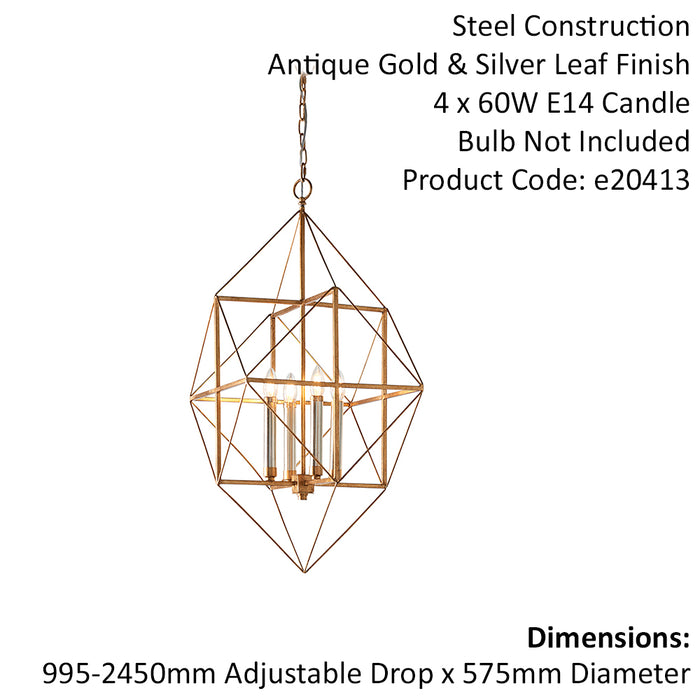 Mutli Arm Angular 4 Light Ceiling Pendant - Hammered Gold & Silver Finish
