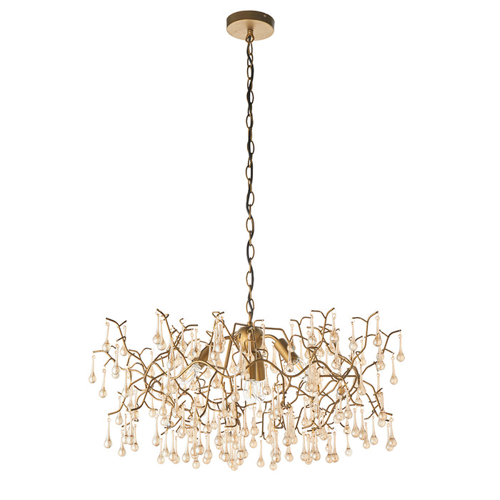 Aged Gold Branch Ceiling Chandelier - Glass Droplets - Decorative Light Fitting