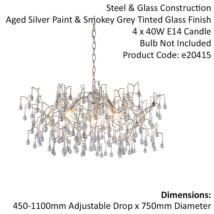 Mutli Arm Ceiling Pendant Light Fitting - Aged Silver & Glass Teardrop Details