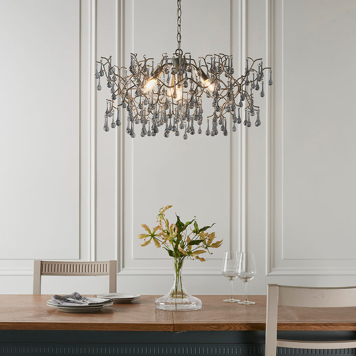 Mutli Arm Ceiling Pendant Light Fitting - Aged Silver & Glass Teardrop Details