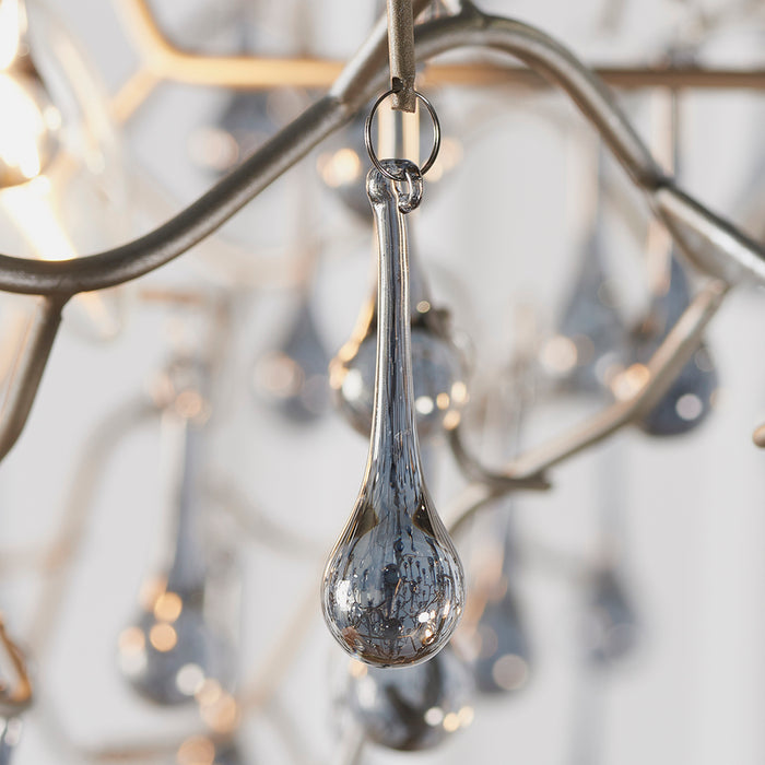 Mutli Arm Ceiling Pendant Light Fitting - Aged Silver & Glass Teardrop Details