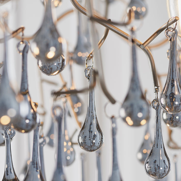 Mutli Arm Ceiling Pendant Light Fitting - Aged Silver & Glass Teardrop Details