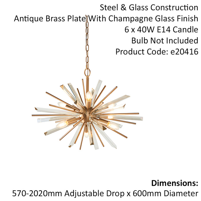 Large Antique Brass Ceiling Pendant Light - 6 Bulb Hanging Fitting - Prism Glass