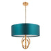 Antique Gold Ceiling Pendant Light & Teal Satin Shade - 5 Bulb Hanging Fitting