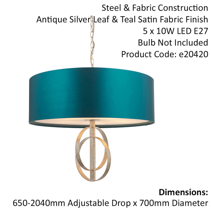 Antique Silver Ceiling Pendant Light & Teal Satin Shade - 5 Bulb Hanging Fitting