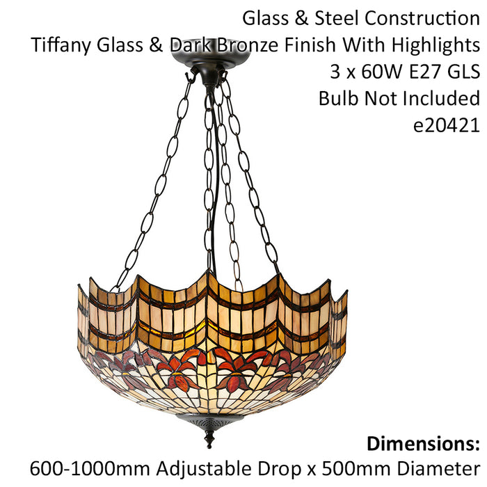 Traditional Tiffany Glass 3 Light Ceiling Pendant - Dark Bronze Effect Fitting